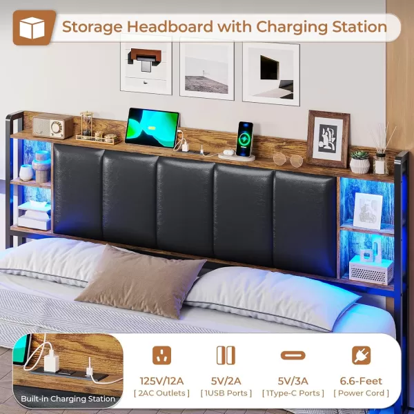 VIAGDO King Size Bed Frame with Charging Station Upholstered Storage Headboard and LED Lights LED Platform Bed Frame with Drawers No Box Spring Needed Easy Assembly Grey and BlackVintage Brown