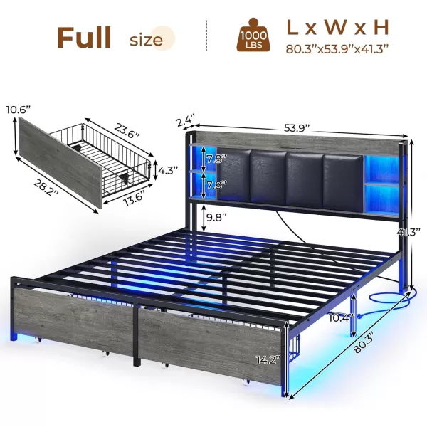 VIAGDO King Size Bed Frame with Charging Station Upholstered Storage Headboard and LED Lights LED Platform Bed Frame with Drawers No Box Spring Needed Easy Assembly Grey and BlackGrey