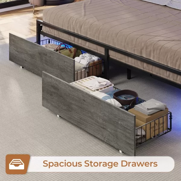VIAGDO King Size Bed Frame with Charging Station Upholstered Storage Headboard and LED Lights LED Platform Bed Frame with Drawers No Box Spring Needed Easy Assembly Grey and BlackGrey