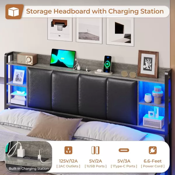 VIAGDO King Size Bed Frame with Charging Station Upholstered Storage Headboard and LED Lights LED Platform Bed Frame with Drawers No Box Spring Needed Easy Assembly Grey and BlackGrey