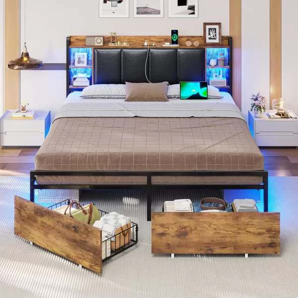 VIAGDO King Size Bed Frame with Charging Station Upholstered Storage Headboard and LED Lights LED Platform Bed Frame with Drawers No Box Spring Needed Easy Assembly Grey and BlackVintage Brown