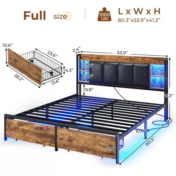 VIAGDO King Size Bed Frame with Charging Station Upholstered Storage Headboard and LED Lights LED Platform Bed Frame with Drawers No Box Spring Needed Easy Assembly Grey and BlackVintage Brown