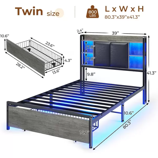 VIAGDO King Size Bed Frame with Charging Station Upholstered Storage Headboard and LED Lights LED Platform Bed Frame with Drawers No Box Spring Needed Easy Assembly Grey and BlackGrey