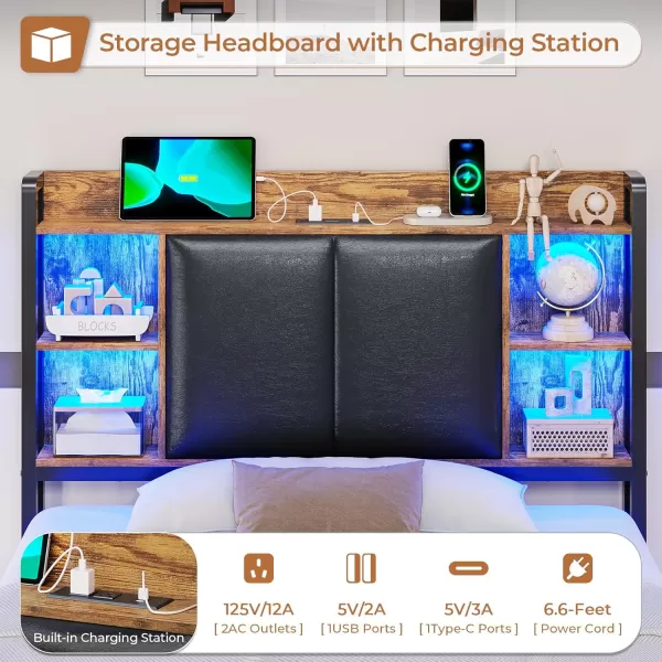 VIAGDO King Size Bed Frame with Charging Station Upholstered Storage Headboard and LED Lights LED Platform Bed Frame with Drawers No Box Spring Needed Easy Assembly Grey and BlackVintage Brown