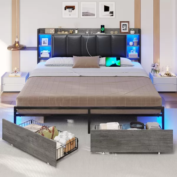 VIAGDO King Size Bed Frame with Charging Station Upholstered Storage Headboard and LED Lights LED Platform Bed Frame with Drawers No Box Spring Needed Easy Assembly Grey and BlackGrey