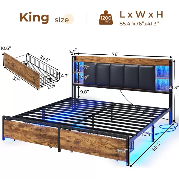 VIAGDO King Size Bed Frame with Charging Station Upholstered Storage Headboard and LED Lights LED Platform Bed Frame with Drawers No Box Spring Needed Easy Assembly Grey and BlackVintage Brown