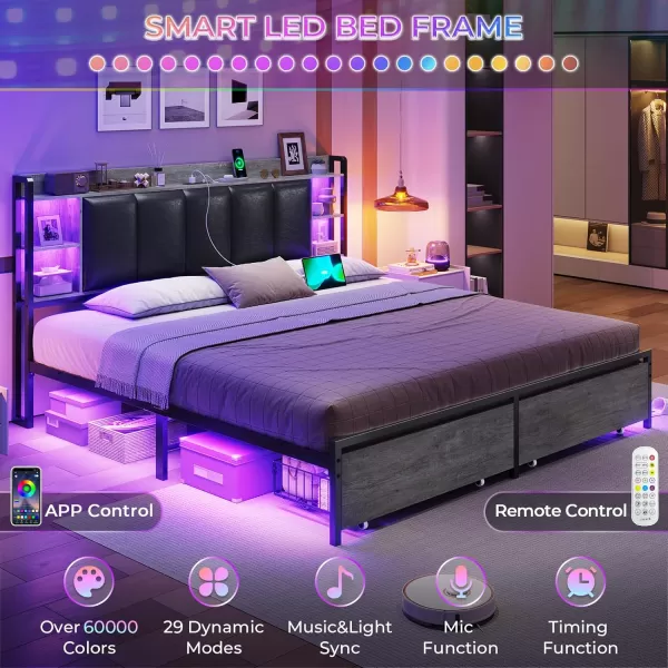 VIAGDO King Size Bed Frame with Charging Station Upholstered Storage Headboard and LED Lights LED Platform Bed Frame with Drawers No Box Spring Needed Easy Assembly Grey and BlackGrey