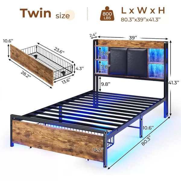 VIAGDO King Size Bed Frame with Charging Station Upholstered Storage Headboard and LED Lights LED Platform Bed Frame with Drawers No Box Spring Needed Easy Assembly Grey and BlackVintage Brown