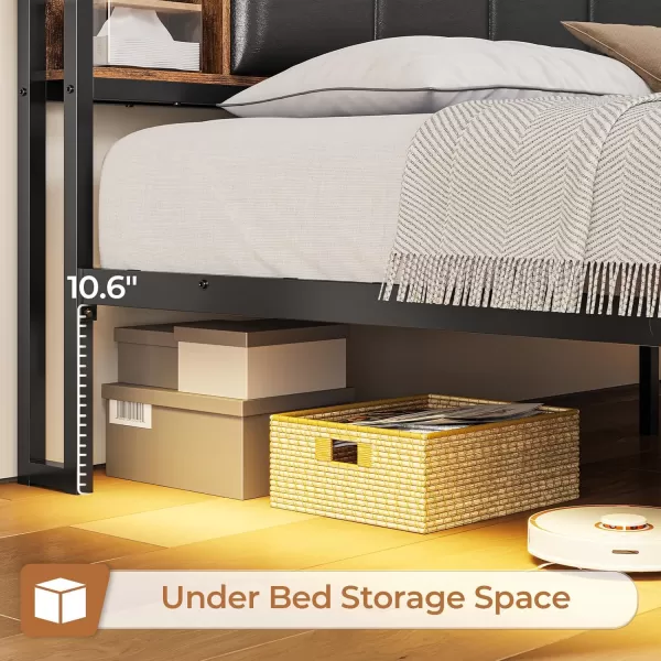 VIAGDO King Size Bed Frame with Charging Station Upholstered Storage Headboard and LED Lights LED Platform Bed Frame with Drawers No Box Spring Needed Easy Assembly Grey and BlackVintage Brown