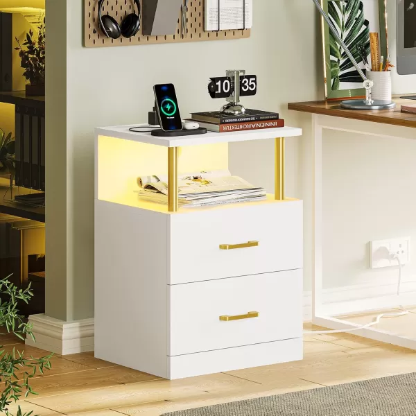 VIAGDO LED Night Stands Set of 2 with Charging Station and USB Ports White Nightstand with 2 Drawers Modern End Side Tables with Open Storage Bedside Tables for Bedroom OfficeWhite