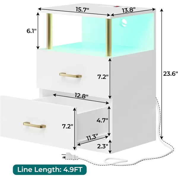 VIAGDO LED Night Stands Set of 2 with Charging Station and USB Ports White Nightstand with 2 Drawers Modern End Side Tables with Open Storage Bedside Tables for Bedroom OfficeWhite
