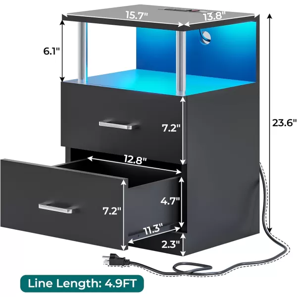 VIAGDO LED Night Stands Set of 2 with Charging Station and USB Ports White Nightstand with 2 Drawers Modern End Side Tables with Open Storage Bedside Tables for Bedroom OfficeBlack