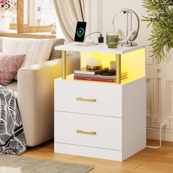 VIAGDO LED Night Stands Set of 2 with Charging Station and USB Ports White Nightstand with 2 Drawers Modern End Side Tables with Open Storage Bedside Tables for Bedroom OfficeWhite