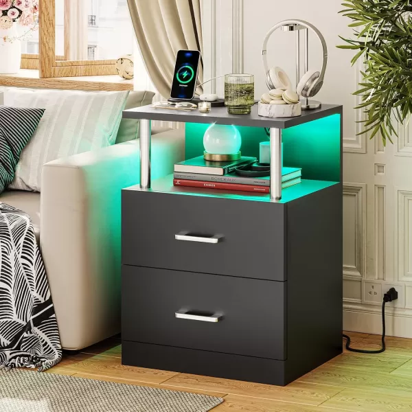 VIAGDO LED Night Stands Set of 2 with Charging Station and USB Ports White Nightstand with 2 Drawers Modern End Side Tables with Open Storage Bedside Tables for Bedroom OfficeBlack
