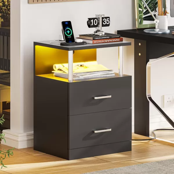 VIAGDO LED Night Stands Set of 2 with Charging Station and USB Ports White Nightstand with 2 Drawers Modern End Side Tables with Open Storage Bedside Tables for Bedroom OfficeBlack