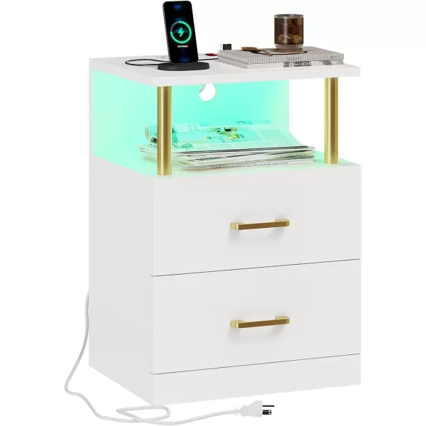 VIAGDO LED Night Stands Set of 2 with Charging Station and USB Ports White Nightstand with 2 Drawers Modern End Side Tables with Open Storage Bedside Tables for Bedroom OfficeWhite