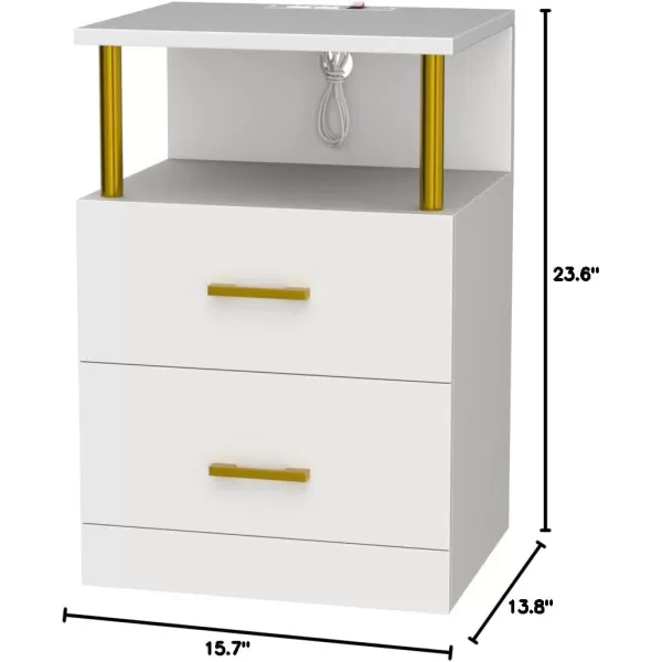 VIAGDO LED Night Stands Set of 2 with Charging Station and USB Ports White Nightstand with 2 Drawers Modern End Side Tables with Open Storage Bedside Tables for Bedroom OfficeWhite