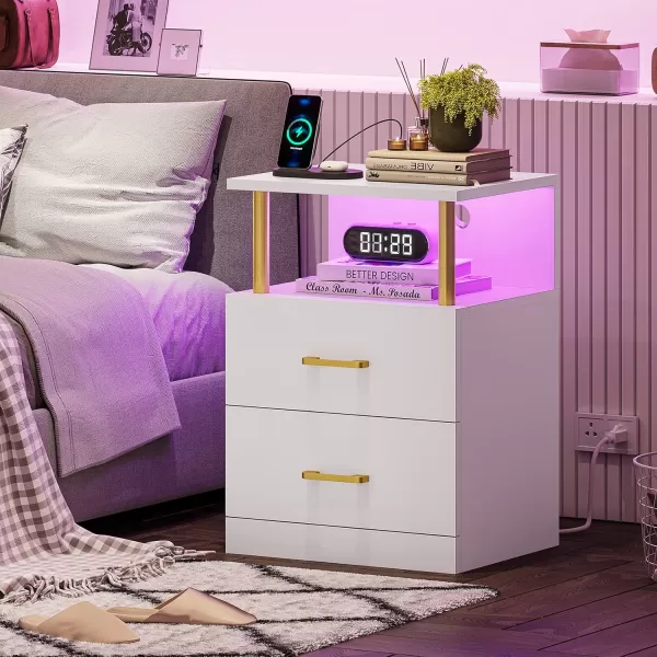 VIAGDO LED Night Stands Set of 2 with Charging Station and USB Ports White Nightstand with 2 Drawers Modern End Side Tables with Open Storage Bedside Tables for Bedroom OfficeWhite