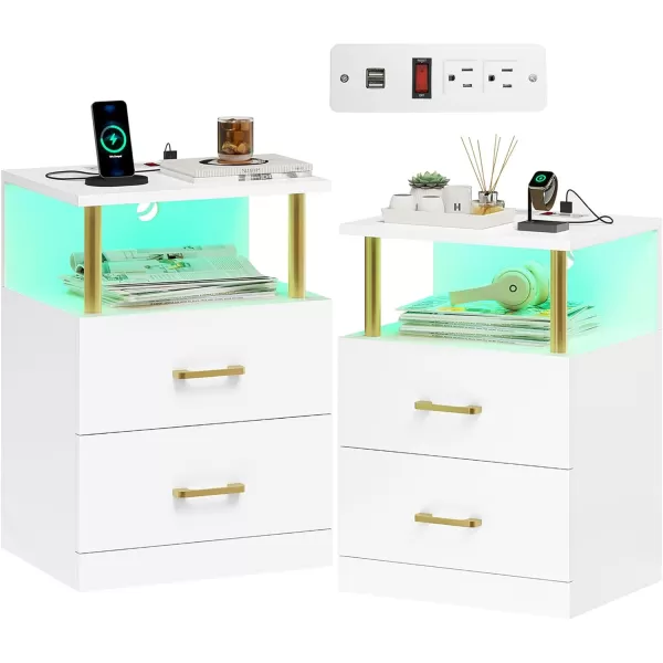 VIAGDO LED Night Stands Set of 2 with Charging Station and USB Ports White Nightstand with 2 Drawers Modern End Side Tables with Open Storage Bedside Tables for Bedroom OfficeWhite