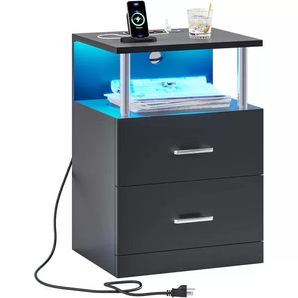 VIAGDO LED Night Stands Set of 2 with Charging Station and USB Ports White Nightstand with 2 Drawers Modern End Side Tables with Open Storage Bedside Tables for Bedroom OfficeBlack