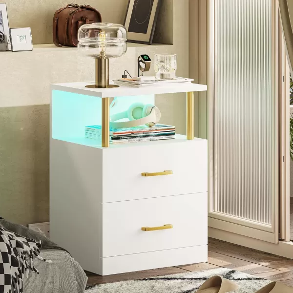 VIAGDO LED Night Stands Set of 2 with Charging Station and USB Ports White Nightstand with 2 Drawers Modern End Side Tables with Open Storage Bedside Tables for Bedroom OfficeWhite