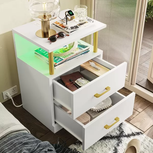 VIAGDO LED Night Stands Set of 2 with Charging Station and USB Ports White Nightstand with 2 Drawers Modern End Side Tables with Open Storage Bedside Tables for Bedroom OfficeWhite