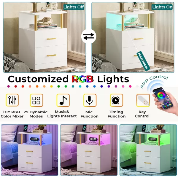 VIAGDO LED Night Stands Set of 2 with Charging Station and USB Ports White Nightstand with 2 Drawers Modern End Side Tables with Open Storage Bedside Tables for Bedroom OfficeWhite