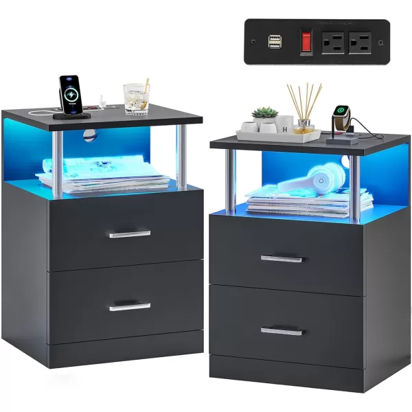 VIAGDO LED Night Stands Set of 2 with Charging Station and USB Ports White Nightstand with 2 Drawers Modern End Side Tables with Open Storage Bedside Tables for Bedroom OfficeBlack