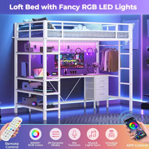 VIAGDO Loft Bed Twin Size with LShaped Desk Charging Station and LED Lights Twin Loft Bed with 4Tier Bookshelf and 3 Drawers Clothes Rail Safety GuardrailampampLadder No Box Spring Needed BlackWhite