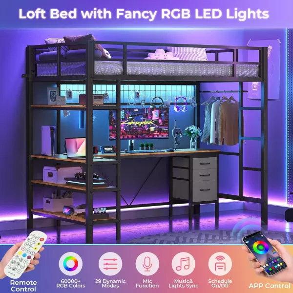 VIAGDO Loft Bed Twin Size with LShaped Desk Charging Station and LED Lights Twin Loft Bed with 4Tier Bookshelf and 3 Drawers Clothes Rail Safety GuardrailampampLadder No Box Spring Needed BlackBlack