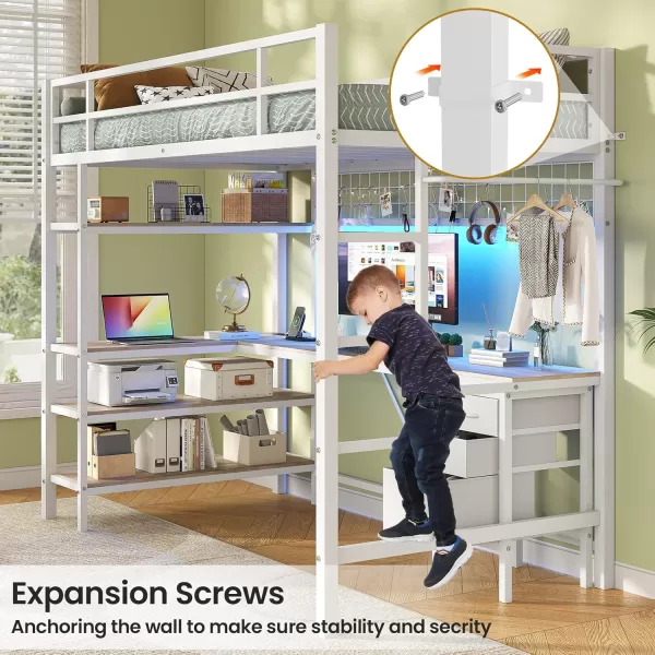 VIAGDO Loft Bed Twin Size with LShaped Desk Charging Station and LED Lights Twin Loft Bed with 4Tier Bookshelf and 3 Drawers Clothes Rail Safety GuardrailampampLadder No Box Spring Needed BlackWhite