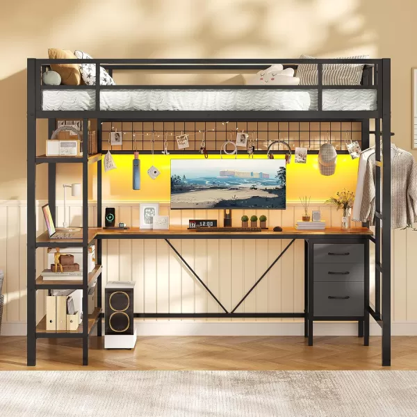 VIAGDO Loft Bed Twin Size with LShaped Desk Charging Station and LED Lights Twin Loft Bed with 4Tier Bookshelf and 3 Drawers Clothes Rail Safety GuardrailampampLadder No Box Spring Needed BlackBlack