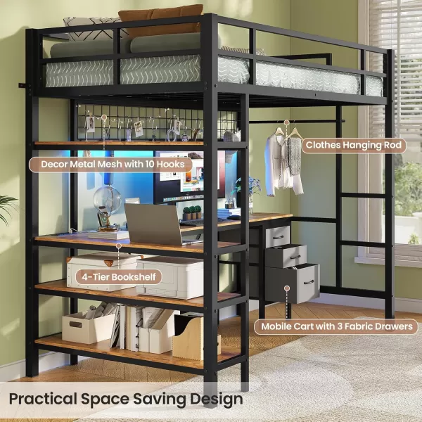 VIAGDO Loft Bed Twin Size with LShaped Desk Charging Station and LED Lights Twin Loft Bed with 4Tier Bookshelf and 3 Drawers Clothes Rail Safety GuardrailampampLadder No Box Spring Needed BlackBlack