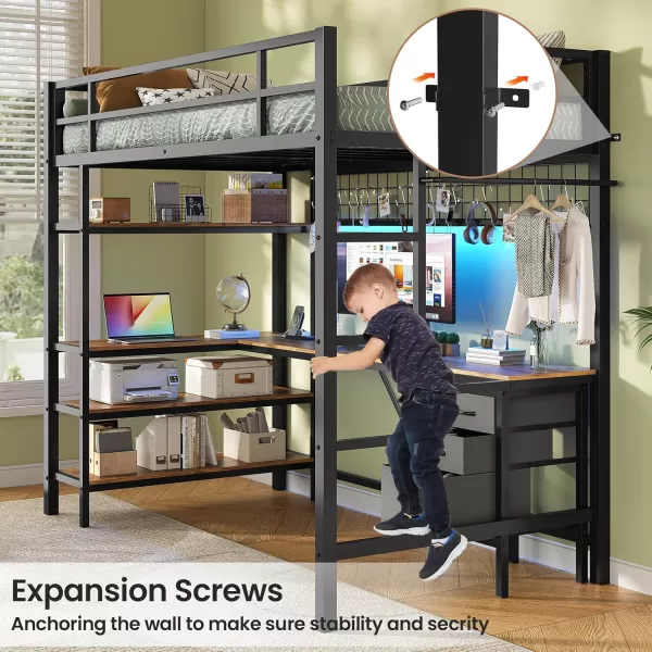 VIAGDO Loft Bed Twin Size with LShaped Desk Charging Station and LED Lights Twin Loft Bed with 4Tier Bookshelf and 3 Drawers Clothes Rail Safety GuardrailampampLadder No Box Spring Needed BlackBlack