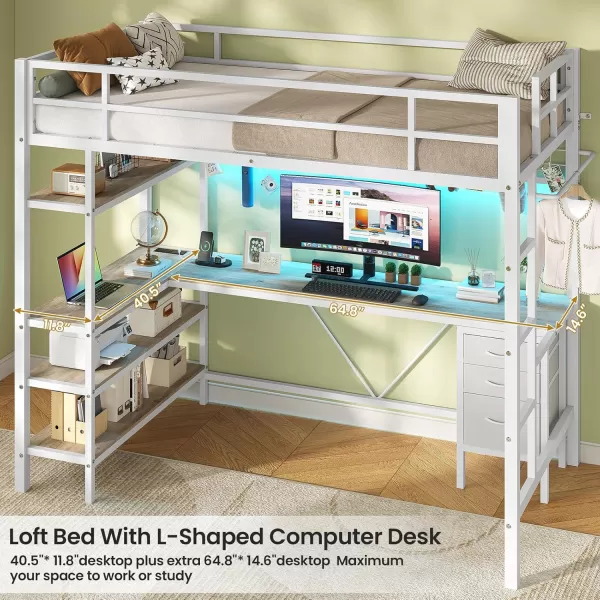 VIAGDO Loft Bed Twin Size with LShaped Desk Charging Station and LED Lights Twin Loft Bed with 4Tier Bookshelf and 3 Drawers Clothes Rail Safety GuardrailampampLadder No Box Spring Needed BlackWhite