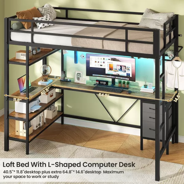 VIAGDO Loft Bed Twin Size with LShaped Desk Charging Station and LED Lights Twin Loft Bed with 4Tier Bookshelf and 3 Drawers Clothes Rail Safety GuardrailampampLadder No Box Spring Needed BlackBlack