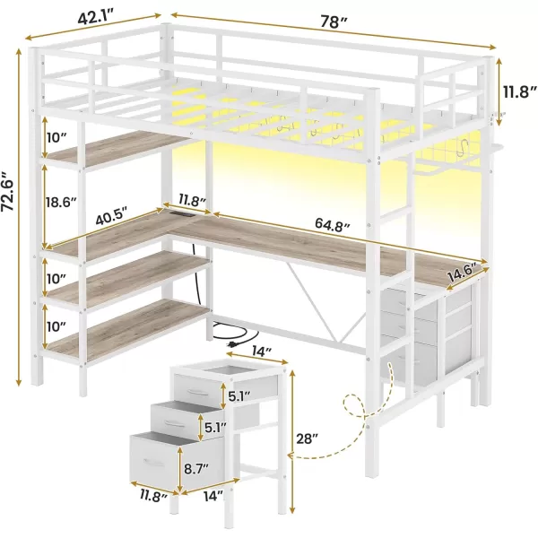 VIAGDO Loft Bed Twin Size with LShaped Desk Charging Station and LED Lights Twin Loft Bed with 4Tier Bookshelf and 3 Drawers Clothes Rail Safety GuardrailampampLadder No Box Spring Needed BlackWhite