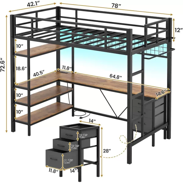 VIAGDO Loft Bed Twin Size with LShaped Desk Charging Station and LED Lights Twin Loft Bed with 4Tier Bookshelf and 3 Drawers Clothes Rail Safety GuardrailampampLadder No Box Spring Needed BlackBlack