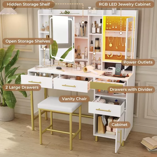 VIAGDO Makeup Vanity Desk Set with Mirror and Lights ampamp Charging Station ampamp Makeup Stool Black Vanity Table with RGB Jewelry Cabinet 4 Drawers Side Storage Pocket Hidden Storage SpaceWhite