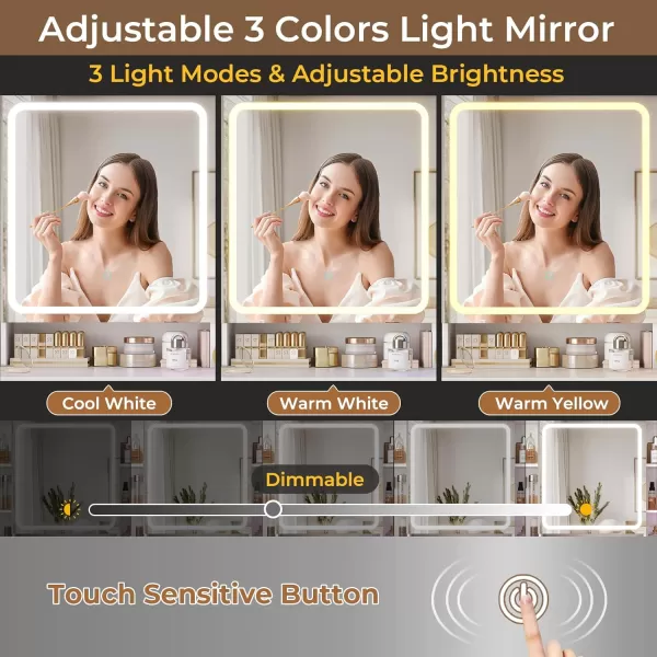 VIAGDO Makeup Vanity Desk Set with Mirror and Lights ampamp Charging Station ampamp Makeup Stool Black Vanity Table with RGB Jewelry Cabinet 4 Drawers Side Storage Pocket Hidden Storage SpaceWhite