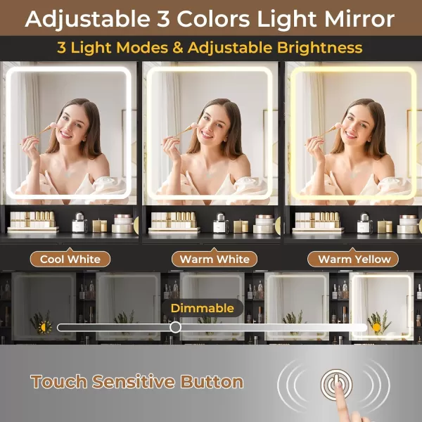 VIAGDO Makeup Vanity Desk Set with Mirror and Lights ampamp Charging Station ampamp Makeup Stool Black Vanity Table with RGB Jewelry Cabinet 4 Drawers Side Storage Pocket Hidden Storage SpaceBlack