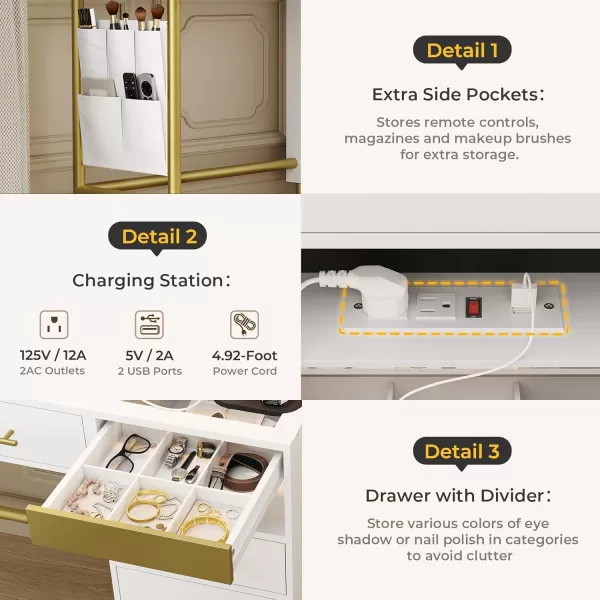 VIAGDO Makeup Vanity Desk Set with Mirror and Lights ampamp Charging Station ampamp Makeup Stool Black Vanity Table with RGB Jewelry Cabinet 4 Drawers Side Storage Pocket Hidden Storage SpaceWhite
