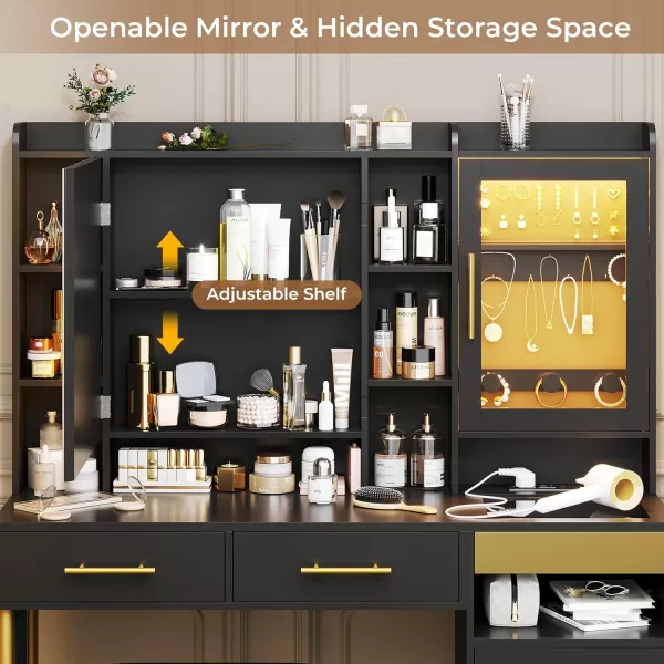 VIAGDO Makeup Vanity Desk Set with Mirror and Lights ampamp Charging Station ampamp Makeup Stool Black Vanity Table with RGB Jewelry Cabinet 4 Drawers Side Storage Pocket Hidden Storage SpaceBlack