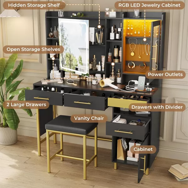 VIAGDO Makeup Vanity Desk Set with Mirror and Lights ampamp Charging Station ampamp Makeup Stool Black Vanity Table with RGB Jewelry Cabinet 4 Drawers Side Storage Pocket Hidden Storage SpaceBlack