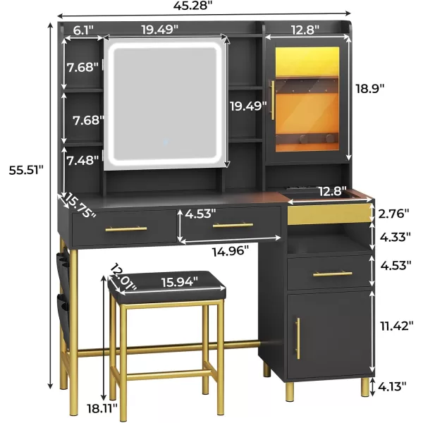 VIAGDO Makeup Vanity Desk Set with Mirror and Lights ampamp Charging Station ampamp Makeup Stool Black Vanity Table with RGB Jewelry Cabinet 4 Drawers Side Storage Pocket Hidden Storage SpaceBlack