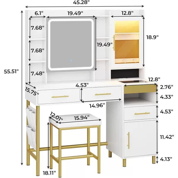 VIAGDO Makeup Vanity Desk Set with Mirror and Lights ampamp Charging Station ampamp Makeup Stool Black Vanity Table with RGB Jewelry Cabinet 4 Drawers Side Storage Pocket Hidden Storage SpaceWhite
