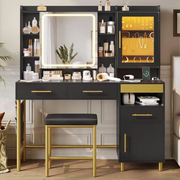 VIAGDO Makeup Vanity Desk Set with Mirror and Lights ampamp Charging Station ampamp Makeup Stool Black Vanity Table with RGB Jewelry Cabinet 4 Drawers Side Storage Pocket Hidden Storage SpaceBlack