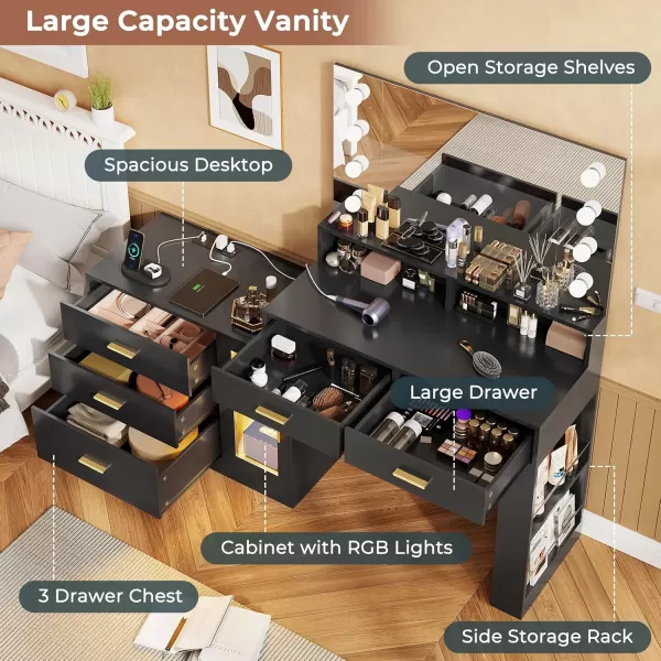 VIAGDO Makeup Vanity Desk with 3Colors Lighted Mirror White Vanity Table with Charging Station 5 Drawers Makeup Desk Dressing Table with Storage Shelves for Bedroom Dressing RoomBlack