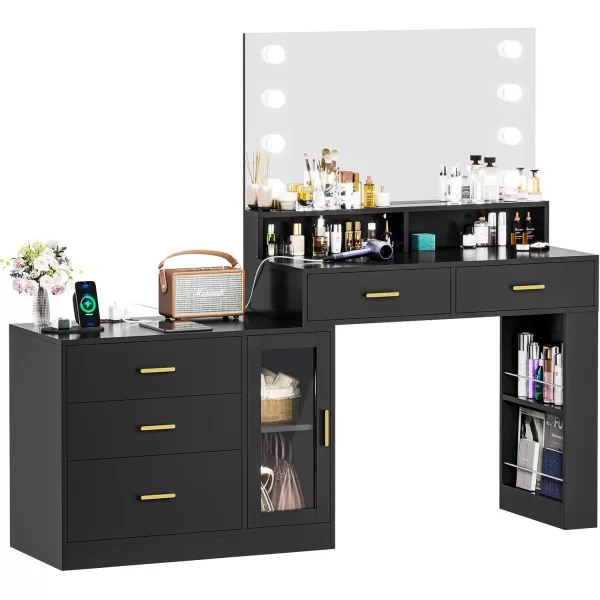 VIAGDO Makeup Vanity Desk with 3Colors Lighted Mirror White Vanity Table with Charging Station 5 Drawers Makeup Desk Dressing Table with Storage Shelves for Bedroom Dressing RoomBlack