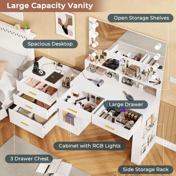 VIAGDO Makeup Vanity Desk with 3Colors Lighted Mirror White Vanity Table with Charging Station 5 Drawers Makeup Desk Dressing Table with Storage Shelves for Bedroom Dressing RoomWhite
